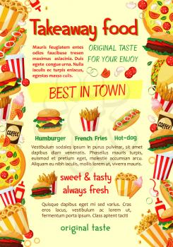 Fast food burger and drink banner for restaurant menu template. Hamburger, hot dog, fries, pizza, cheeseburger, soda and coffee cup, ice cream, taco, popcorn and fried onion ring snack poster design