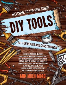 Repair and DIY tools banner for hardware store. Vector sketched hammer, screwdriver and spanner, paint, brush, wrench, pliers and roller, screw, saw, measure tape, jack plane on wooden background