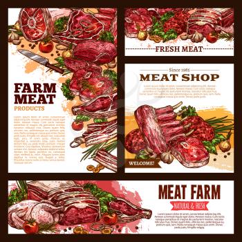 Meat fresh cut vector banner template set. Beef steak, pork ham, bacon and chop, lamb rib and sirloin brisket, chicken or turkey poultry, grill burger sketch poster for butcher shop, meat store design