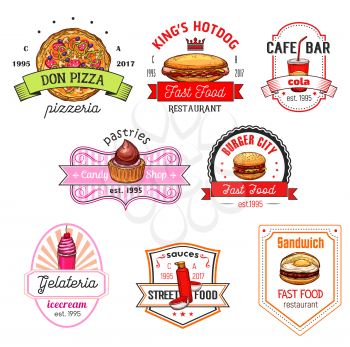 Fast food restaurant, pizzeria, pastry shop and ice cream cafe badge set. Fastfood hamburger, hot dog, pizza, cake, soda drink, egg sandwich and ice cream dessert for emblem design