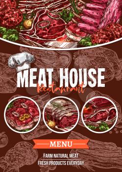 Meat menu banner for barbecue restaurant and steak house template. Beef and pork steak, grilled chicken, ground meat sausage and patty, bbq ribs and chops, lamb sirloin brisket sketch poster design