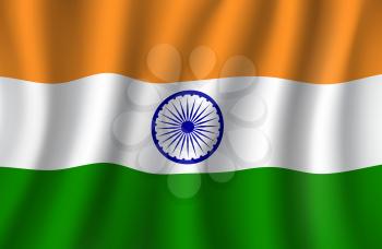 Indian flag 3d illustration, national banner Republic of India with wheel in center. Indian tricolor with saffron, white and green bands waving in the wind for travel and patriotism themes design