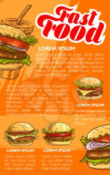 Fast food burger and drink menu banner template. Hamburger and cheeseburger sandwich with beef patty, bread bun, tomato vegetable, lettuce, cheese and sauce, sweet soda cup sketch poster design