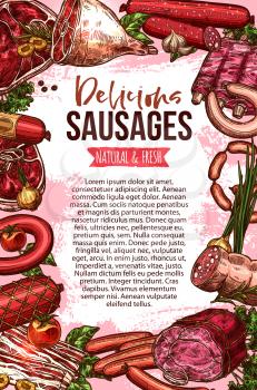 Fresh meat and sausage product sketch banner. Vector beef and pork barbecue steak, ham, chicken sausage, bacon, salami, lamb ribs, gammon leg and wurst frame with text layout for butcher shop design