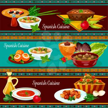 Spanish cuisine restaurant dinner banner set. Meat sausage and bean soup, rice pudding, tomato soup gazpacho, egg stuffed sausage, potato salad, liver vegetable stew, chicken in wine sauce, corn cream