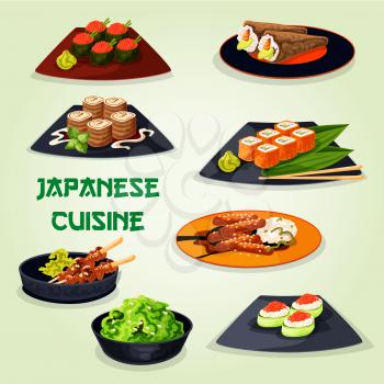 Japanese cuisine or asian restaurant lunch menu icon. Seafood sushi roll and temaki with rice, fish, shrimp, seaweed and caviar, grilled chicken yakitori, teriyaki pork, pancake roll with sweet cheese