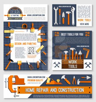 Home repair, construction tool poster template set with carpentry and house painting instrument. Hammer, screwdriver, spanner, pliers, wrench, paint brush, roller, tape measure for web banner design