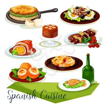 Spanish cuisine dinner menu icon. Seafood rice paella, served with fish olive salad, fried egg stuffed with sausage, tuna steak, vegetable omelette, baked meat, grilled lamb and banana fruit pudding