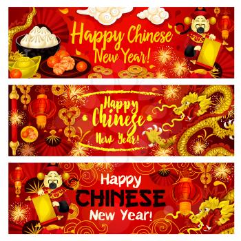 Happy Chinese New Year greeting banners design of traditional Chinese dragons and fireworks in clouds, golden coins on lucky knot ornament. Vector Chinese emperor with scroll and red paper lantern