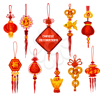 Chinese New Year ornament icon set. Oriental red lantern and lucky knot decoration with fortune coin and golden fish for Lunar New Year and Spring Festival greeting card design