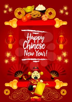 Chinese New Year greeting card of golden traditional symbols on red scroll background. Vector lunar holiday wish hieroglyphs, golden coin and ingot, Chinese emperor with fans and China red lanterns