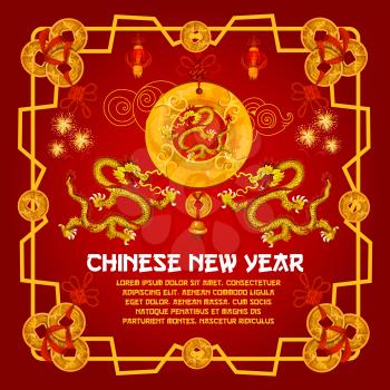 Chinese New Year traditional golden symbols on red background for greeting card design. Vector Chinese lunar New Year decorations of gold ingot coins, lanterns and dragons in golden ornament frame