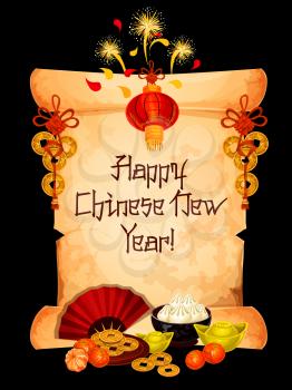 Happy Chinese New Year greeting card of golden coins decoration and fireworks on paper scroll. Vector hieroglyphs on red lantern, dumplings and tangerines for China traditional lunar New Year festival