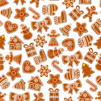 Christmas seamless pattern of gingerbread cookie different shapes. Vector New Year wrapping background of Santa, stars and snowflakes or candy cane and ribbon bows on gifts for Christmas greeting card