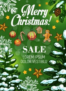 Christmas sale and New Year discount offer banner template. Xmas tree, ball, star and candy cane, snowflake, gingerbread man and cookie house sketch poster for retail promotion and advertising design