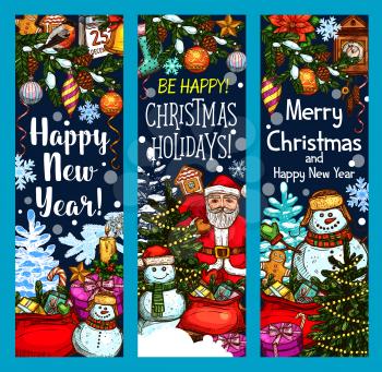 Merry Christmas and Happy New Year wishes or greeting banners sketch design. Vector Santa gift bag at Christmas tree with decorations, snowman and Xmas holly wreath and snowflakes for winter holidays