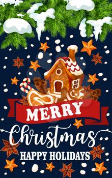 Merry Christmas Happy Holidays greeting card of gingerbread cookie house decoration on Christmas tree. Vector golden stars and snowflakes on red ribbon and snow for New Year winter seasonal wishes