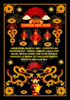 Happy Chinese New Year greeting card of hieroglyph wishes and traditional China symbols of dragon, red fan or paper lanterns and fireworks. Vector Emperor scroll for Chinese lunar new year holiday