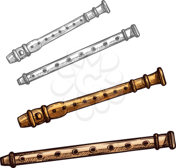 Flute musical instrument isolated sketch. Wooden flute or bamboo pipe folk wind musical instrument for ethnic music concert, art festival design