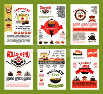 Japanese food and sushi menu banner set. Asian cuisine seafood rice, salmon fish roll, sushi with tuna, shrimp and seaweed, noodle box and ramen soup poster for japanese restaurant, sushi bar design