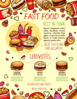 Fast food burger and sandwich menu banner template. Hamburger, hot dog, pizza, cheeseburger, donut, fries, soda and coffee drink, burrito and milkshake sketch poster for fastfood restaurant design