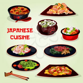 Japanese cuisine icon of asian food. Pork noodle, vegetable rice with eel fish, teriyaki beef with mushroom and marinated ginger, kale soup with tofu cheese, fried meat rice for restaurant menu design