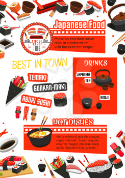 Japanese food, sushi and drink menu template. Seafood restaurant dishes vector poster with fish roll, sticky rice, nigiri and temaki sushi with salmon, tuna, shrimp, octopus, noodle soup ramen and tea