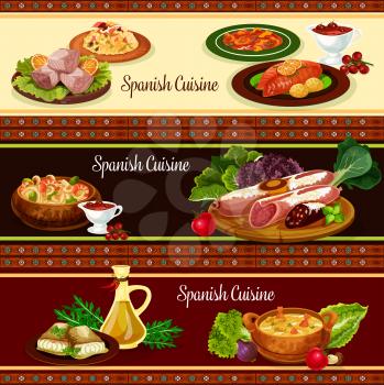 Spanish cuisine meat and seafood dish banner set. Sausage, ham and gammon, seafood noodle, fish and shrimp soup, rice with vegetable, baked cod with tomato and pepper sauce, tuna salad for menu design