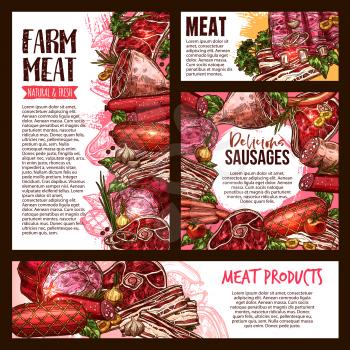 Fresh meat and sausage product sketch banner template set. Beef and pork steak, barbecue sausage, salami, ham, bacon, lamb rib, smoked frankfurter, gammon leg, wurst vector poster for food design