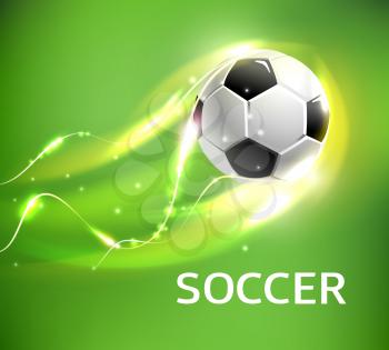 Flaming soccer ball 3d vector poster for football sport game. Ball flying with shining fire light trail, glowing flame, sparkles and bright swirling lines for soccer or football championship design