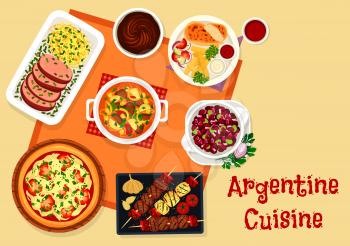 Argentine cuisine icon of lunch with dessert. Grilled and baked meat, tomato onion pizza, bean salad, beef vegetable stew with sausage, turkey with green sauce and fries, milk caramel dessert