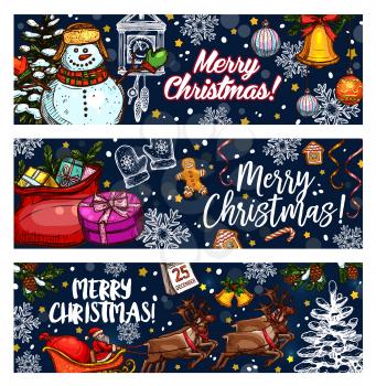 Merry Christmas wish on sketch banners of Santa gifts, Christmas tree decorations and snowman. Vector reindeer sleigh, 25 December calendar and golden star or bell for New Year winter holidays season