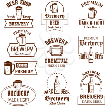 Beer shop, brewery bar or pub icons of glass, bottle or barrel and pint mug. Vector isolated labels set for light or dark beer brew ale pint, premium quality craft or draught beer for Oktoberfest
