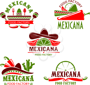 Mexican food cuisine or restaurant icon for cafe menu. Vector isolated set of Mexico sombrero hat, spicy chili jalapeno pepper, Mexicana tequila agave cactus drink with lime and nachos or burrito