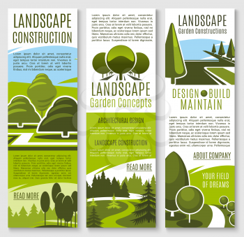 Gardening or landscape construction company banners for urban horticulture and garden planting association. Green parks and nature landscape of eco village or woodland and parkland trees vector design