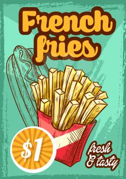 Fast food french fries menu poster with price for cinema bar bistro or fastfood restaurant. Vector sketch design template of fried potato snack and hot dog sandwich or cheeseburger meal