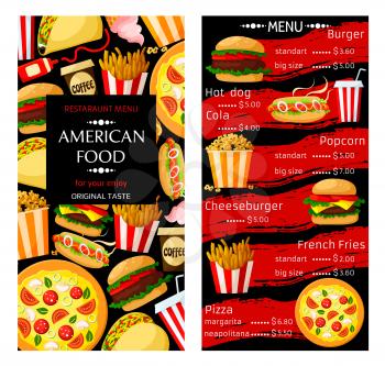 Fast food price menu template for burgers, pizza or sandwiches and popcorn dessert. Vector fastfood meals of cheeseburger, hamburger or hot dog and french fries, soda or coffee drinks