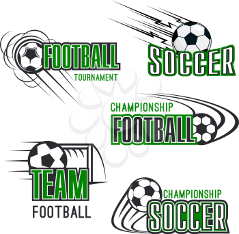 Soccer tournament or football championship icons of flying ball goal. Vector isolated set of goal gates and green football field for soccer league fan club or sport game international contest