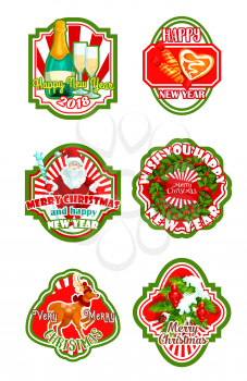 Christmas and New Year badge set. Xmas tree and holly wreath with ribbon, Santa Claus with gift bag, cookie and candy, reindeer, snowflake and Christmas ball for winter holidays label or emblem design