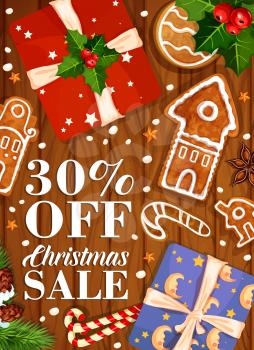 Christmas sale poster of Santa gifts for winter holidays shop promo offer and New Year discount. Vector Christmas tree decorations garland, gingerbread cookie and candy on holly wreath for sale season