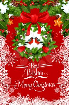 Merry Christmas greeting card of holly wreath or Christmas tree decoration and bullfinch on red snowflake background. Vector golden star and bell, ribbon bow and snow ornament for New Year holiday
