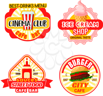 Fast food snacks, drinks and desserts icons templates for cinema club or bar bistro menu. Vector isolated fastfood cheeseburger burger, ice cream or soda drink and sauces for street food