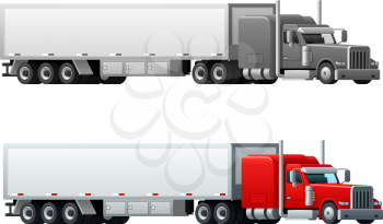 Trailer trucks or long vehicle transport. Delivery or transportation load cars or cargo shipment freight lorry trailers for logistics company branding template. Vector isolated flat icons