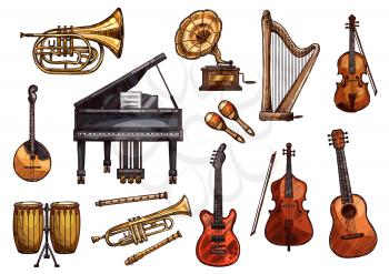 Musical instruments sketch icons. Vector isolated set of music piano, gramophone or guitar and orchestra harp, trombone bass and drums or pipe flute and fiddle violin and maracas for concert