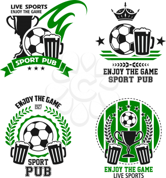Soccer sport pub icons for football live championship or tournament template. Vector set of football ball, beer mugs or glasses and winner cup in laurel wreath and stars on green shield badge
