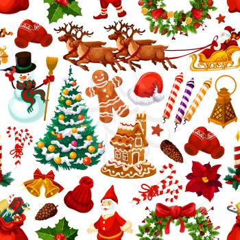 Christmas decorations seamless vector pattern of Santa gift boxes, gingerbread cookie and candy. Vector wrapper background of Christmas tree ornament, golden bell and mitten with hat or reindeer