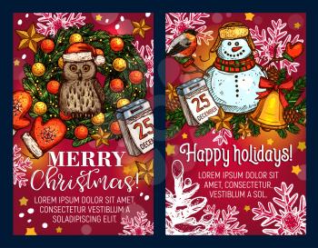 Merry Christmas wish greeting card sketch design for happy winter holidays season. Vector snowman and owl with Santa presents, Christmas tree wreath garland of golden bell and 25 December calendar