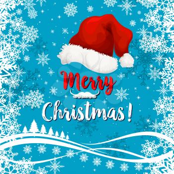 Merry Christmas lettering with Santa red hat on blue background of snow frost and snowflakes pattern. Vector design template for winter holidays of Christmas tree in ice frost