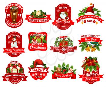 Christmas and New Year holiday gift label set. Xmas tree, Santa and snowman, holly wreath, bell and present box, ball, candy and cookie, adorned with snowflake and ribbon banner for Xmas badge design
