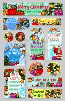 Merry Christmas and Happy New Year wish cards, banners and winter holidays greeting tags sketch design. Vector Christmas tree decorations, Santa presents and holly wreath ribbon or golden bell